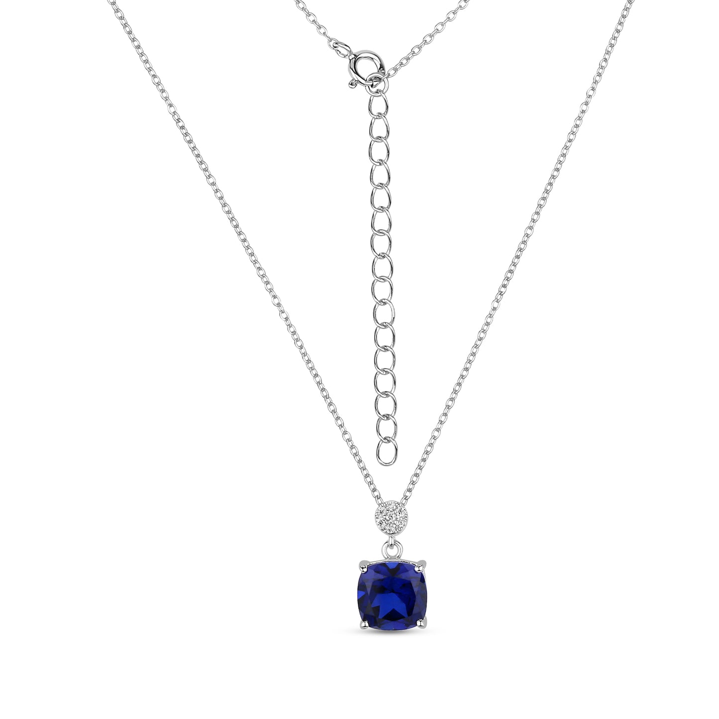 Chic silver pendant with lab grown real cushion cut blue sapphire and moissanites