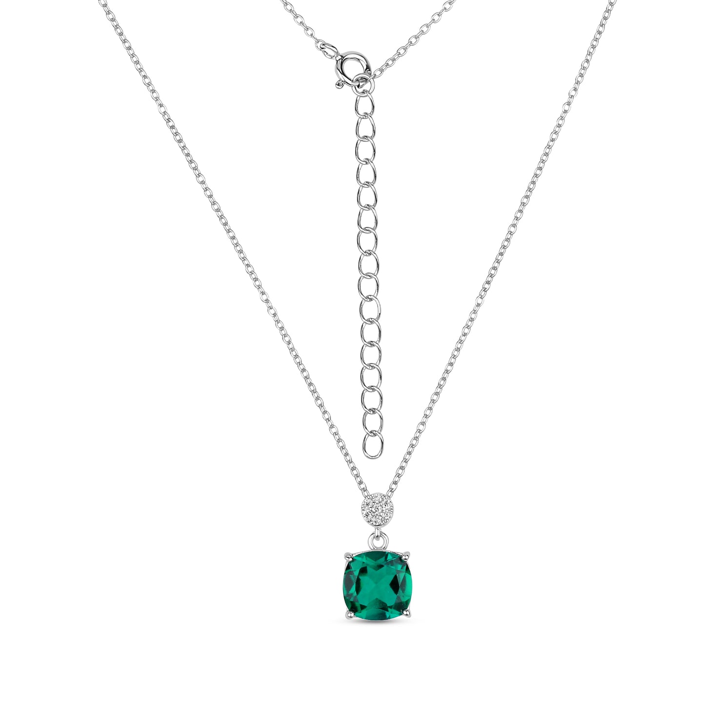 Chic silver pendant with lab grown real cushion cut green emerald and moissanites