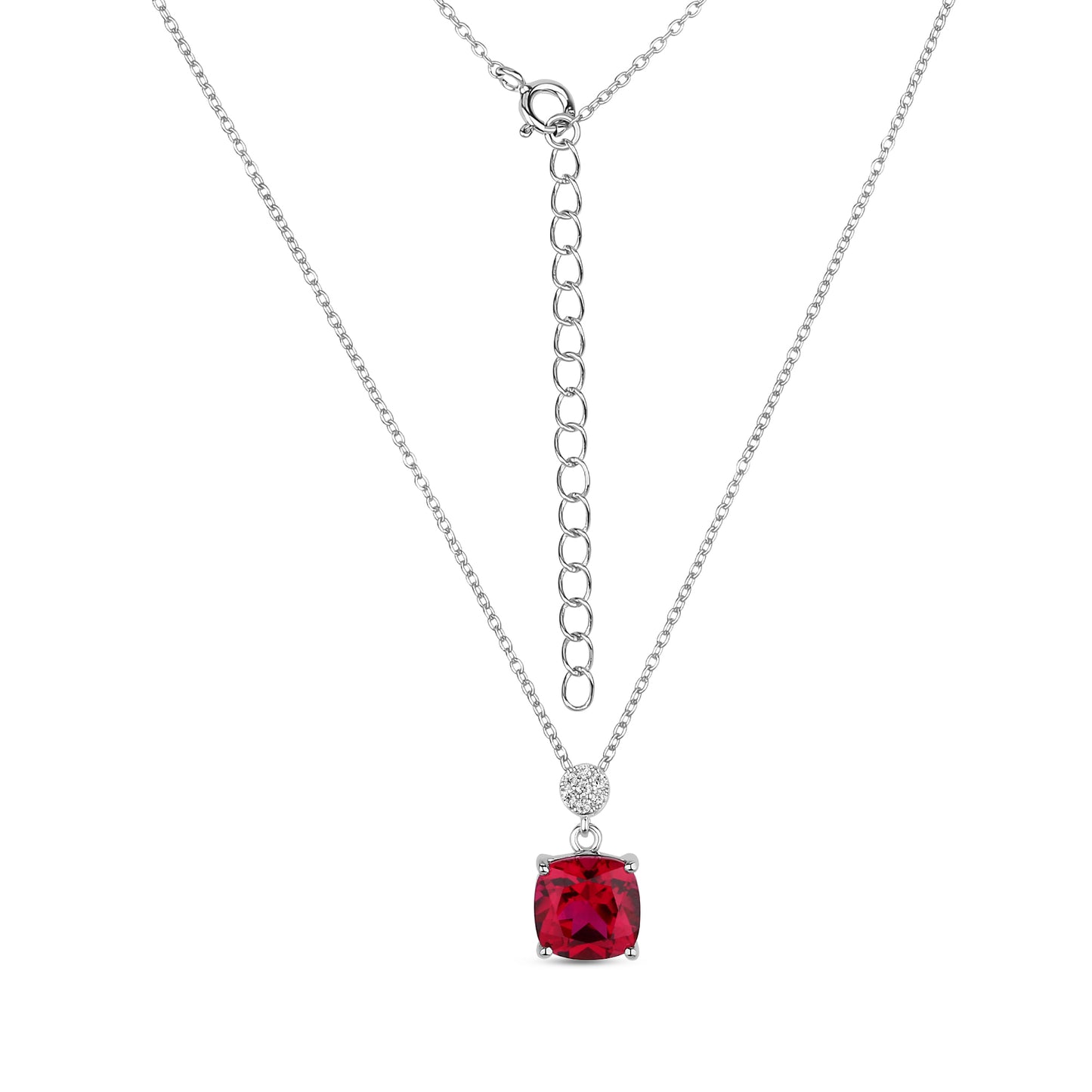 Chic silver pendant with lab grown real cushion cut ruby and moissanites