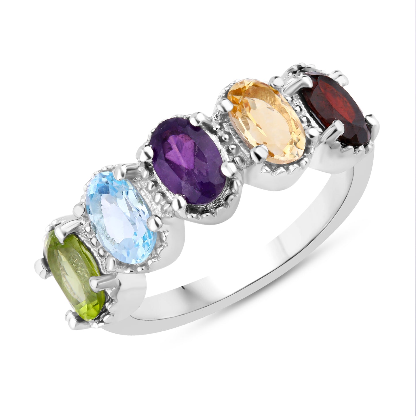 Beautiful silver ring with all natural African Amethyst, Blue Topaz, Citrine, Peridot and red Garnet