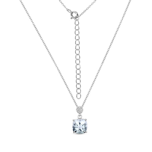 Chic silver pendant with natural cushion cut aquamarine and moissanites