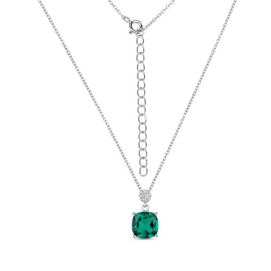 Chic silver pendant with lab grown real cushion cut green emerald and moissanites