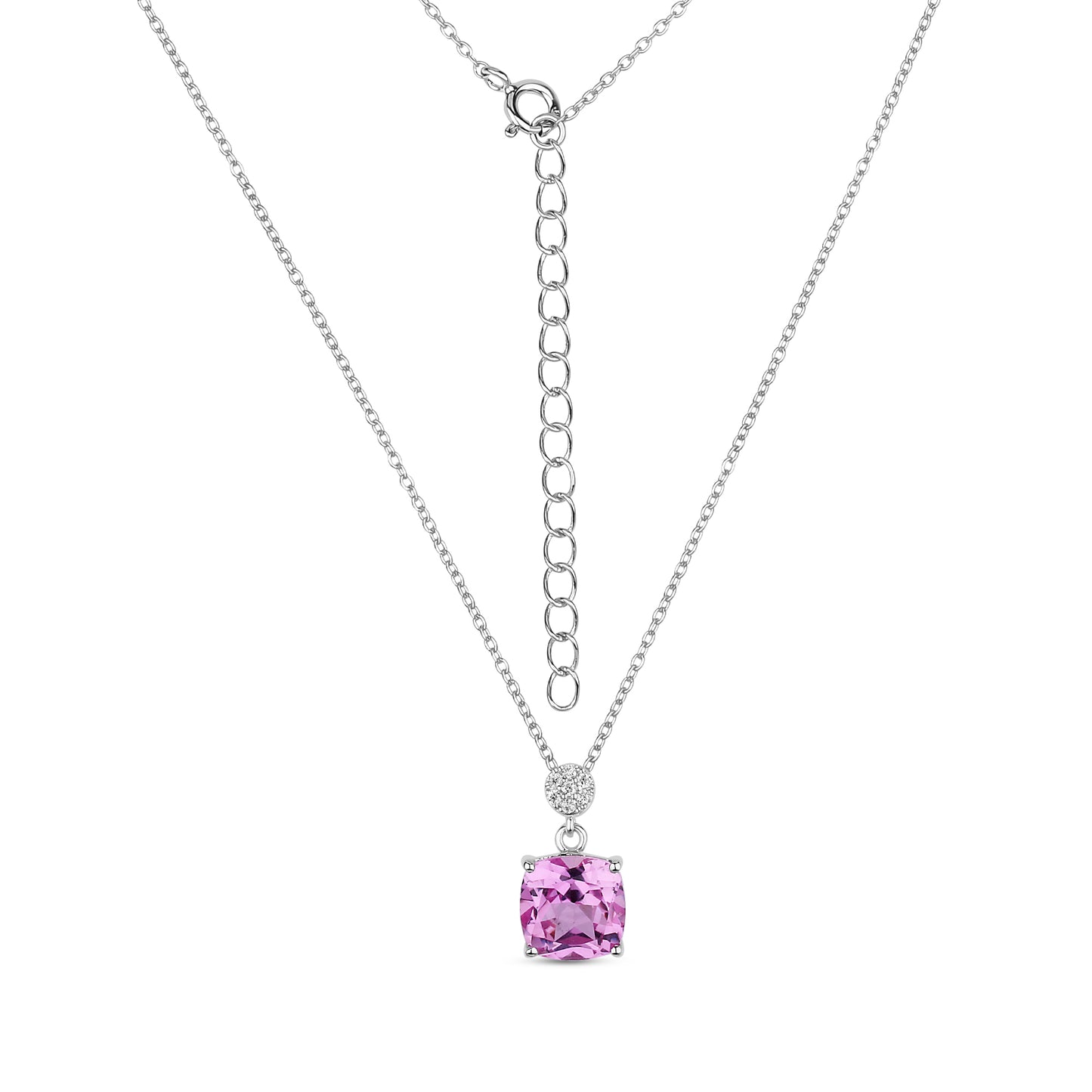 Chic silver pendant with lab grown real cushion cut pink sapphire and moissanites