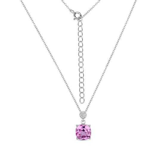 Chic silver pendant with lab grown real cushion cut pink sapphire and moissanites
