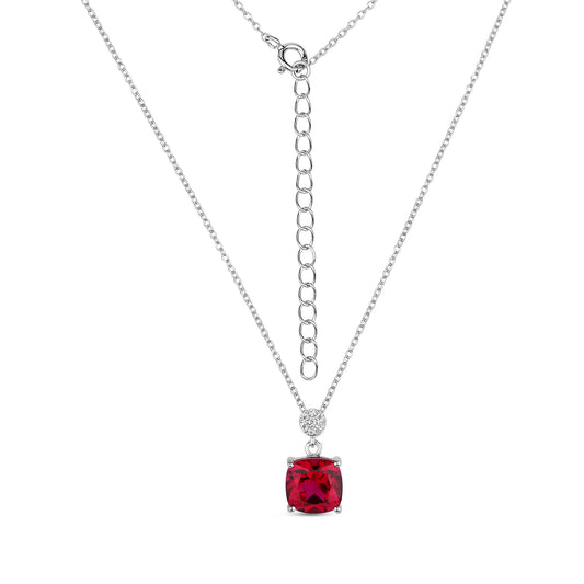 Chic silver pendant with lab grown real cushion cut ruby and moissanites