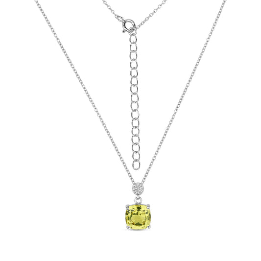 Chic silver pendant with lab grown real cushion cut yellow sapphire and moissanites