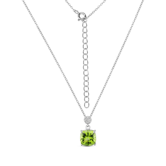 Chic silver pendant with natural cushion cut peridot and moissanites