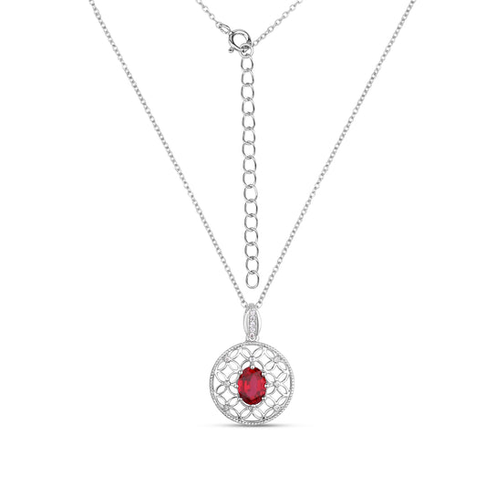 Exquisite silver pendant with lab grown real red ruby and moissanites with silver chain