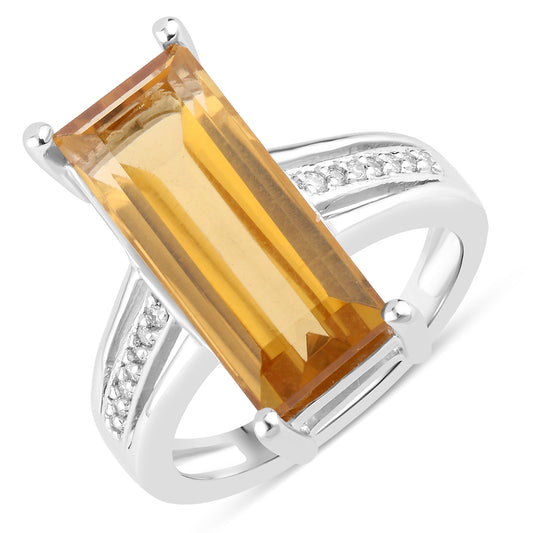 Beautiful Baguette cut natural champaigne quartz with moissanites silver ring