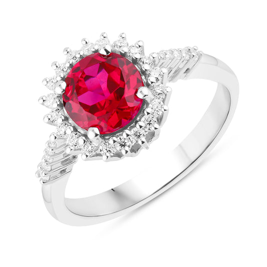 Silver ring with lab-grown real round ruby with moissanites