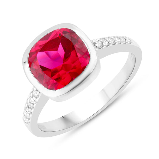 Silver ring with cushion cut lab grown red Ruby and moissanites