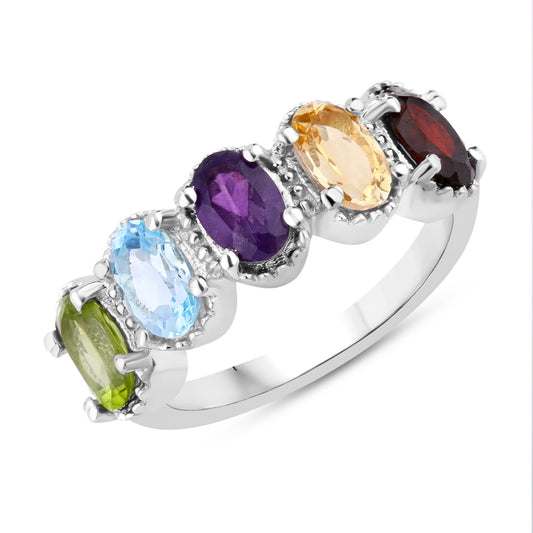 Beautiful silver ring with all natural African Amethyst, Blue Topaz, Citrine, Peridot and red Garnet