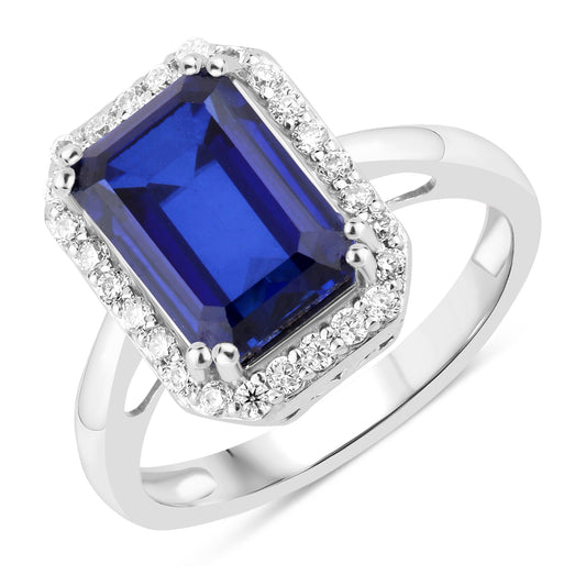 Luxurious lab grown real blue sapphire with moissanites silver ring