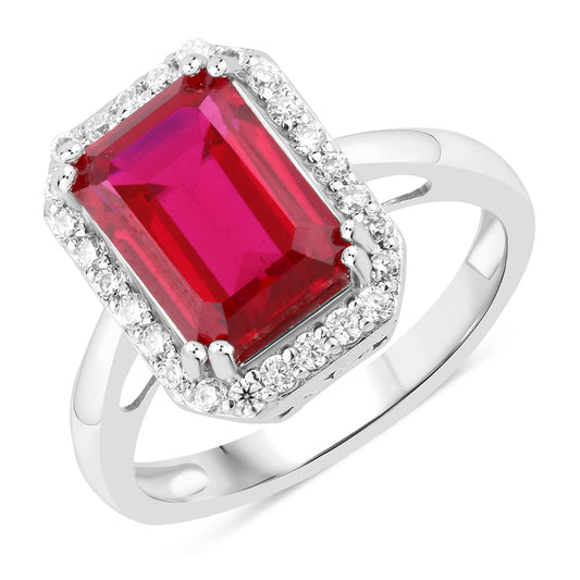 Luxurious lab grown real red ruby with moissanites silver ring